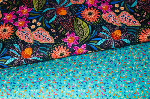 Designerbaumwollstoff Bahia Flora on dark blue (10 cm)